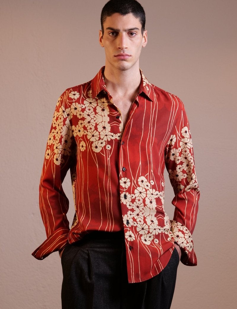 CAMICIA RED PAINTED FLOWERS - Benevierre