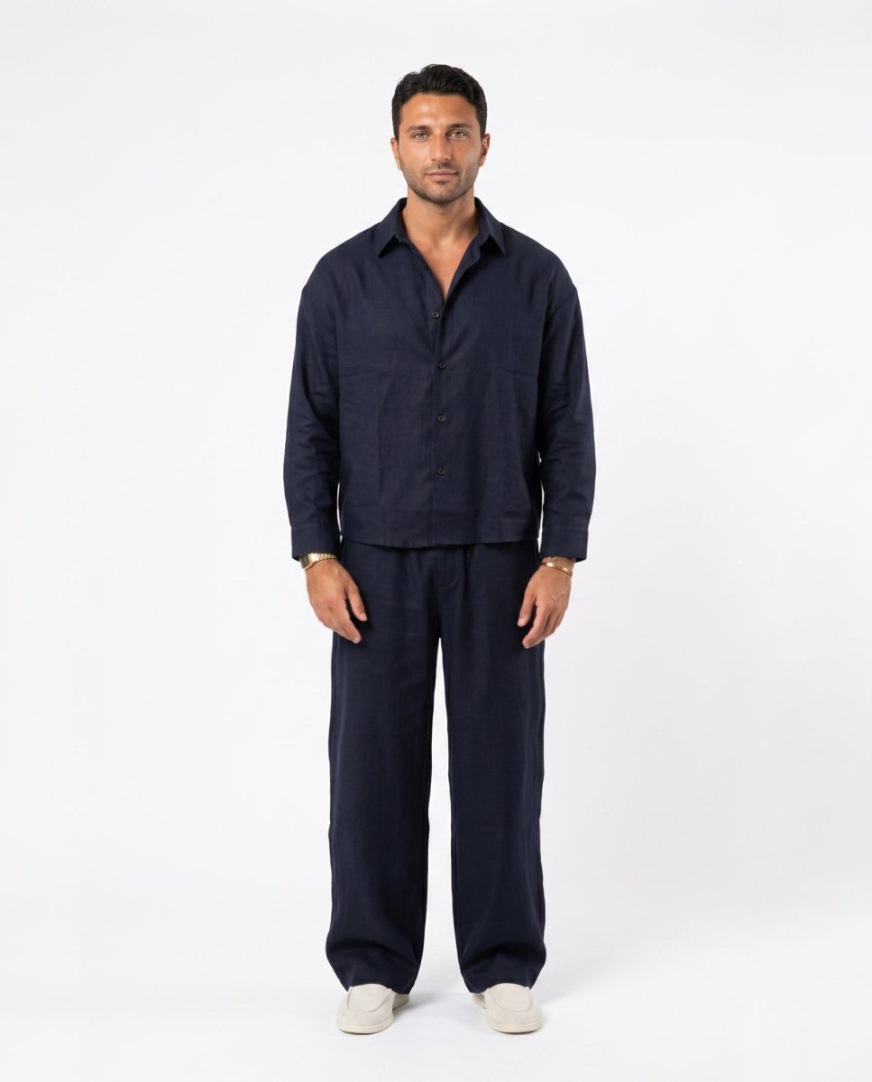 COORDINATO ELEGANT IN LINO BLU - Benevierre