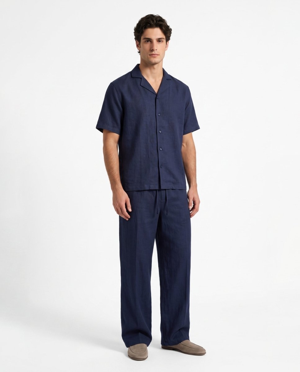 COORDINATO SHORT IN LINO BLUE - Benevierre