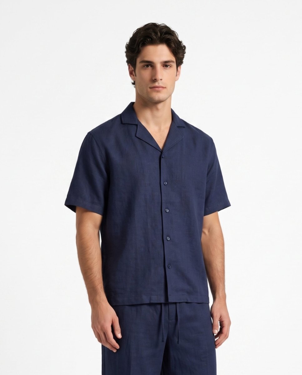 COORDINATO SHORT IN LINO BLUE - Benevierre