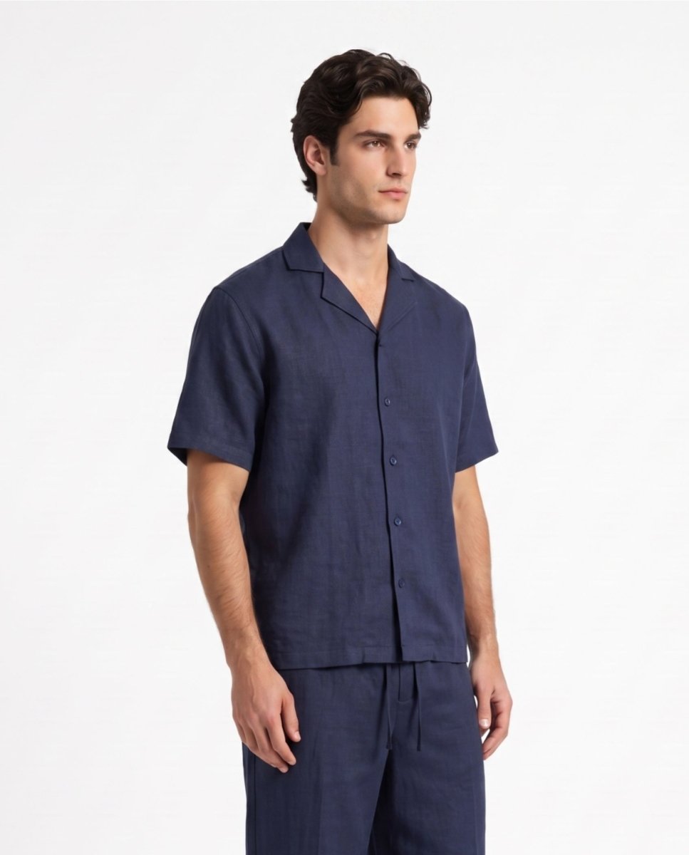 COORDINATO SHORT IN LINO BLUE - Benevierre