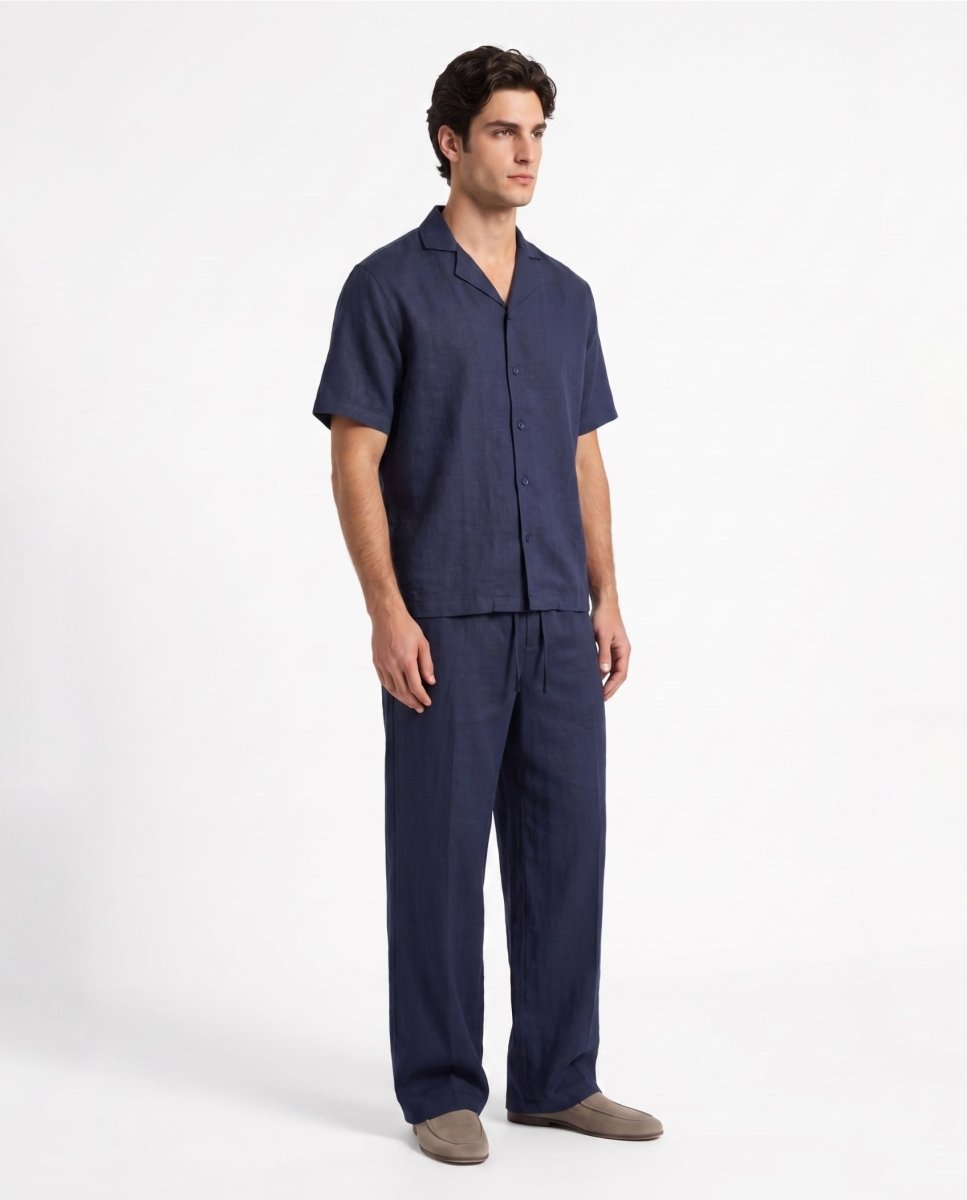 COORDINATO SHORT IN LINO BLUE - Benevierre