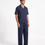 COORDINATO SHORT IN LINO BLUE - Benevierre