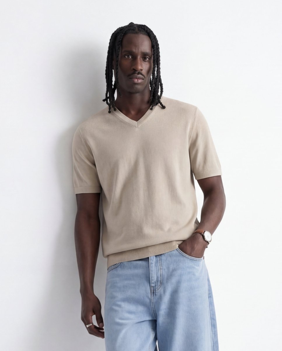 V NECK KNIT BEIGE - Benevierre