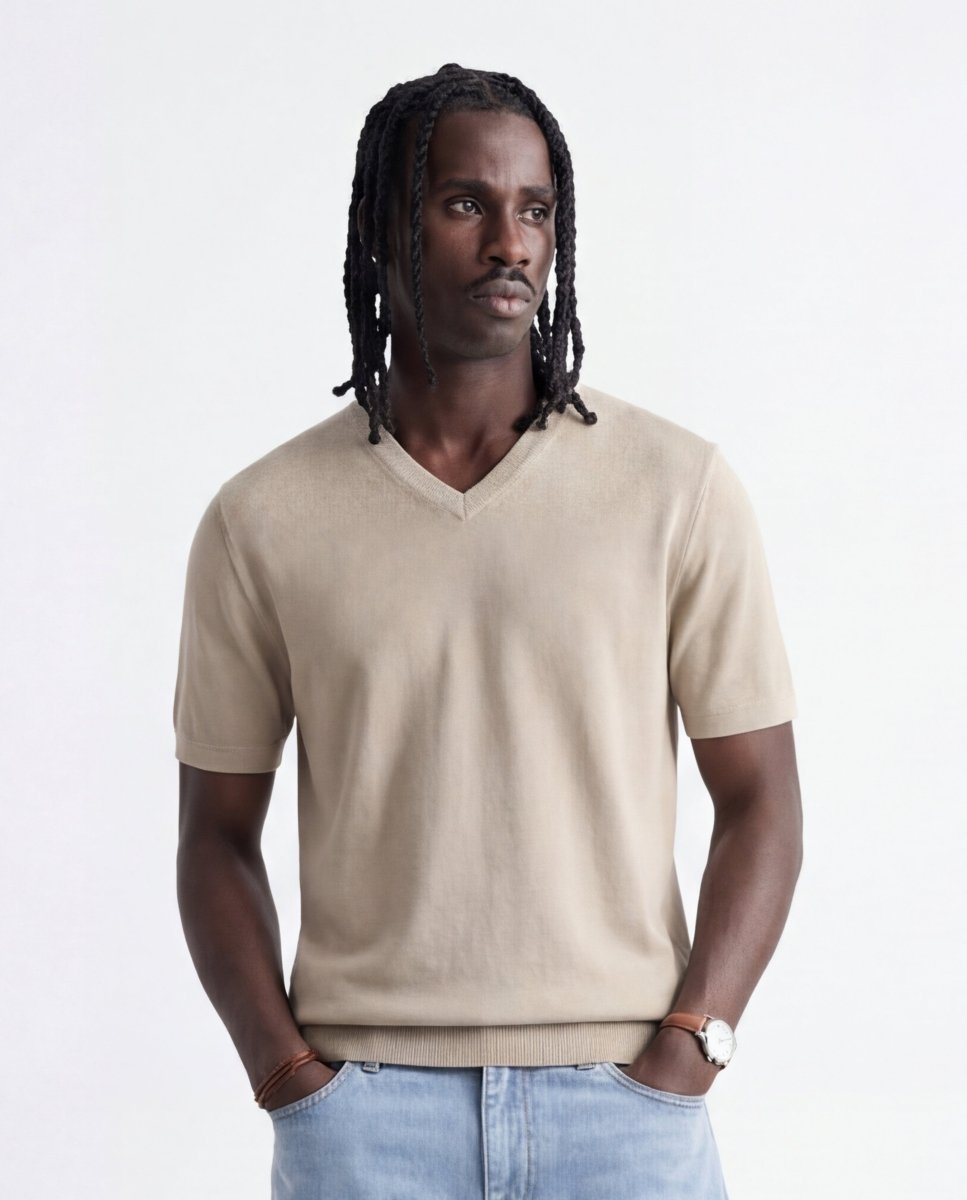 V NECK KNIT BEIGE - Benevierre