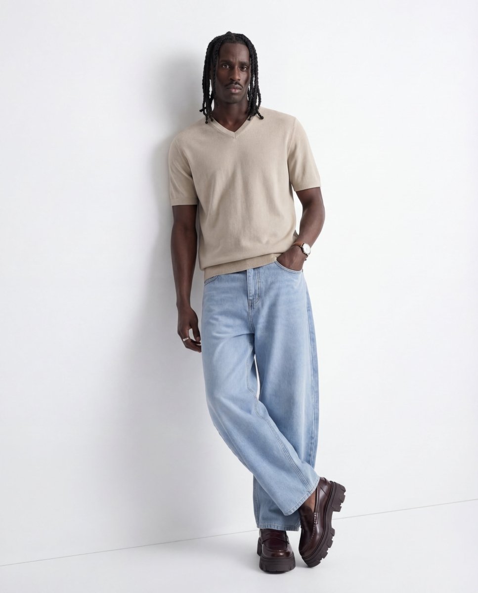 V NECK KNIT BEIGE - Benevierre