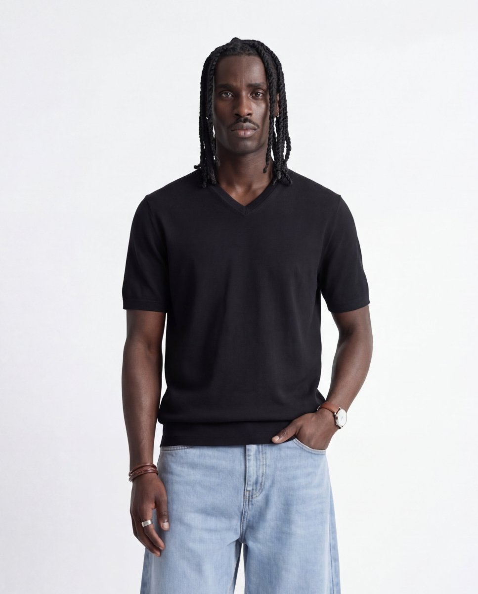 V NECK KNIT BLACK - Benevierre